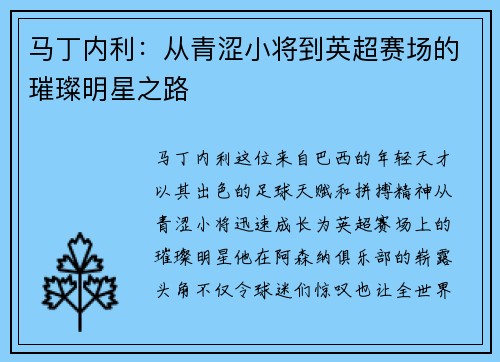 马丁内利：从青涩小将到英超赛场的璀璨明星之路