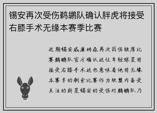 锡安再次受伤鹈鹕队确认胖虎将接受右膝手术无缘本赛季比赛