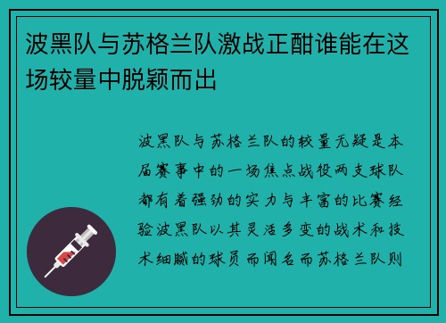波黑队与苏格兰队激战正酣谁能在这场较量中脱颖而出