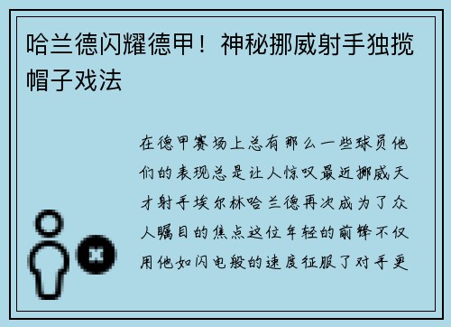 哈兰德闪耀德甲！神秘挪威射手独揽帽子戏法