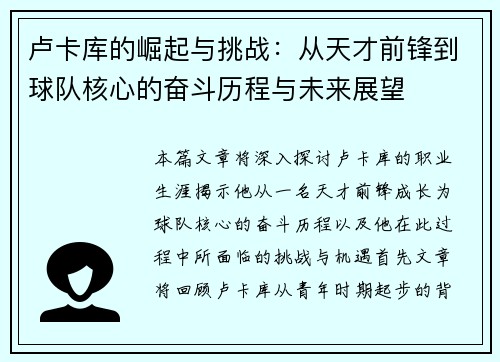 卢卡库的崛起与挑战：从天才前锋到球队核心的奋斗历程与未来展望