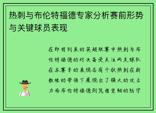 热刺与布伦特福德专家分析赛前形势与关键球员表现