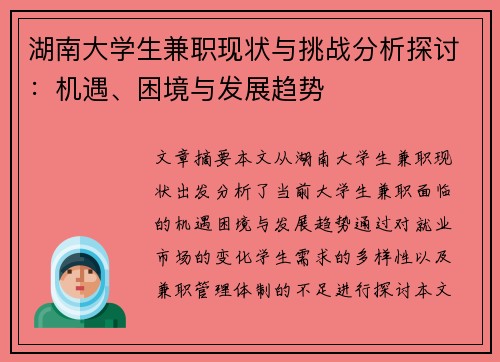 湖南大学生兼职现状与挑战分析探讨：机遇、困境与发展趋势