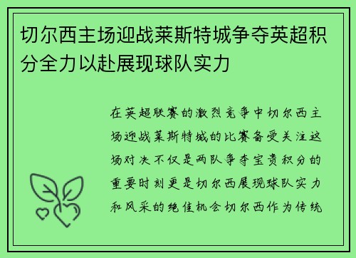 切尔西主场迎战莱斯特城争夺英超积分全力以赴展现球队实力