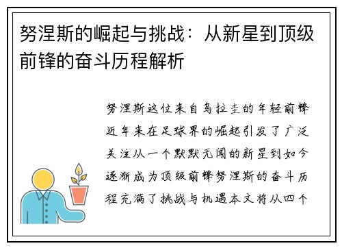 努涅斯的崛起与挑战：从新星到顶级前锋的奋斗历程解析