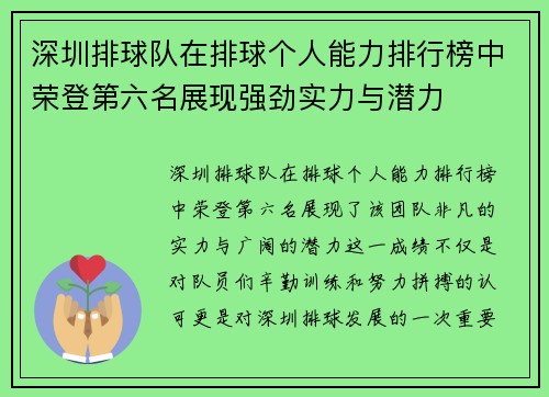 深圳排球队在排球个人能力排行榜中荣登第六名展现强劲实力与潜力