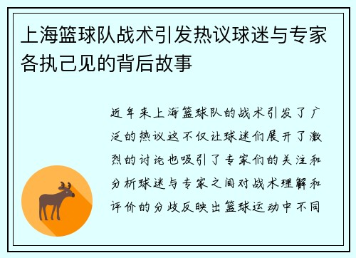 上海篮球队战术引发热议球迷与专家各执己见的背后故事