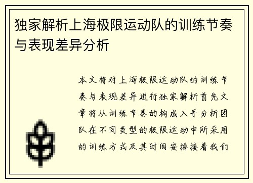 独家解析上海极限运动队的训练节奏与表现差异分析