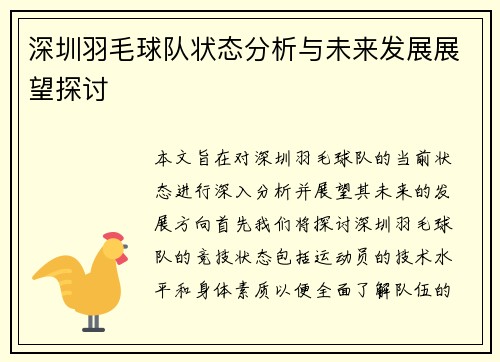 深圳羽毛球队状态分析与未来发展展望探讨