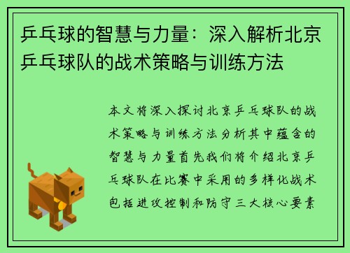 乒乓球的智慧与力量：深入解析北京乒乓球队的战术策略与训练方法