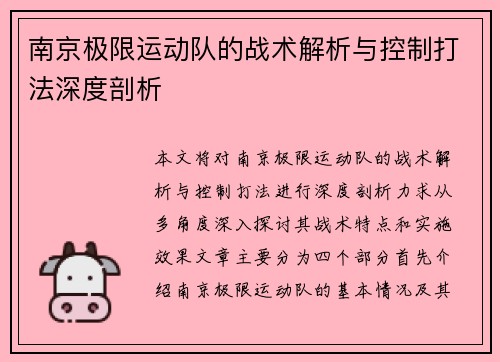 南京极限运动队的战术解析与控制打法深度剖析