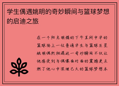 学生偶遇姚明的奇妙瞬间与篮球梦想的启迪之旅