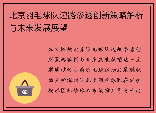 北京羽毛球队边路渗透创新策略解析与未来发展展望