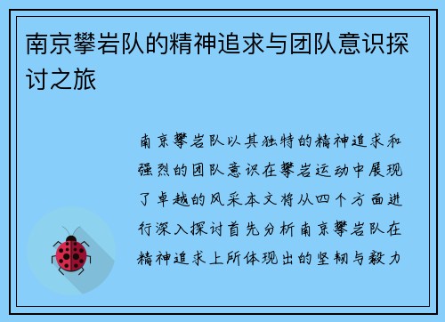 南京攀岩队的精神追求与团队意识探讨之旅