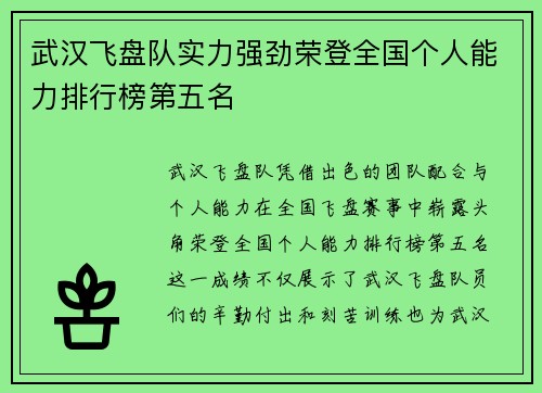武汉飞盘队实力强劲荣登全国个人能力排行榜第五名