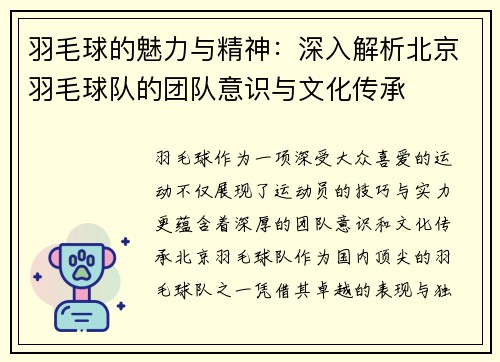 羽毛球的魅力与精神：深入解析北京羽毛球队的团队意识与文化传承