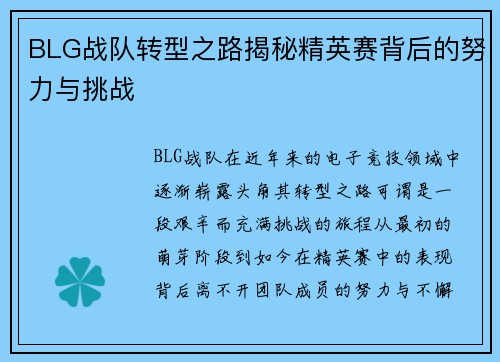 BLG战队转型之路揭秘精英赛背后的努力与挑战