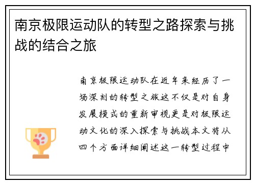 南京极限运动队的转型之路探索与挑战的结合之旅