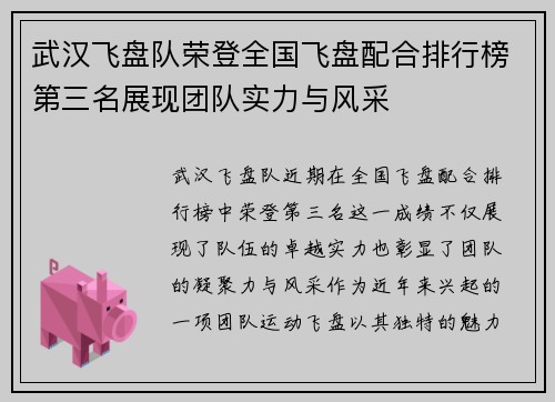武汉飞盘队荣登全国飞盘配合排行榜第三名展现团队实力与风采